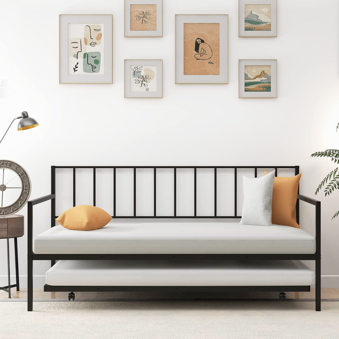 Giantex Metal Daybed with Trundle, Twin Size Daybed with Pullout Trundle &amp; Steel Slat Support, Black