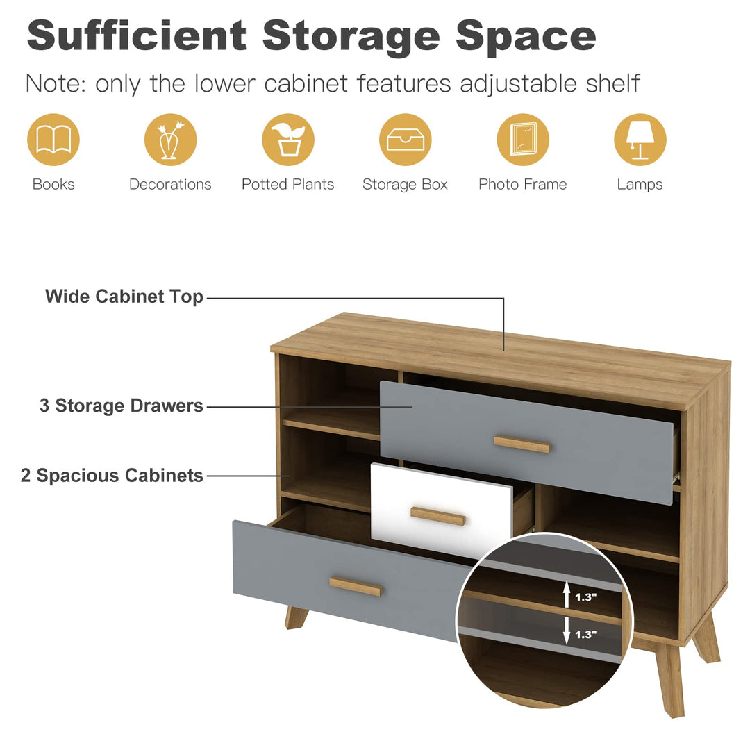 Free-Standing Storage Cabinet, Floor Cabinet with 2 Doors &amp; 3 Drawers