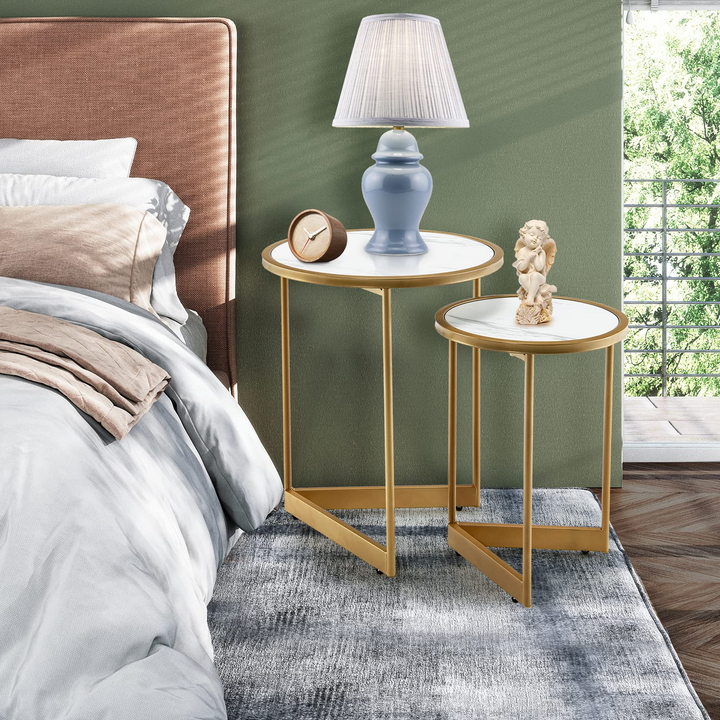 Giantex Round Nesting Table Set of 2, Modern Marble Texture Coffee Tables