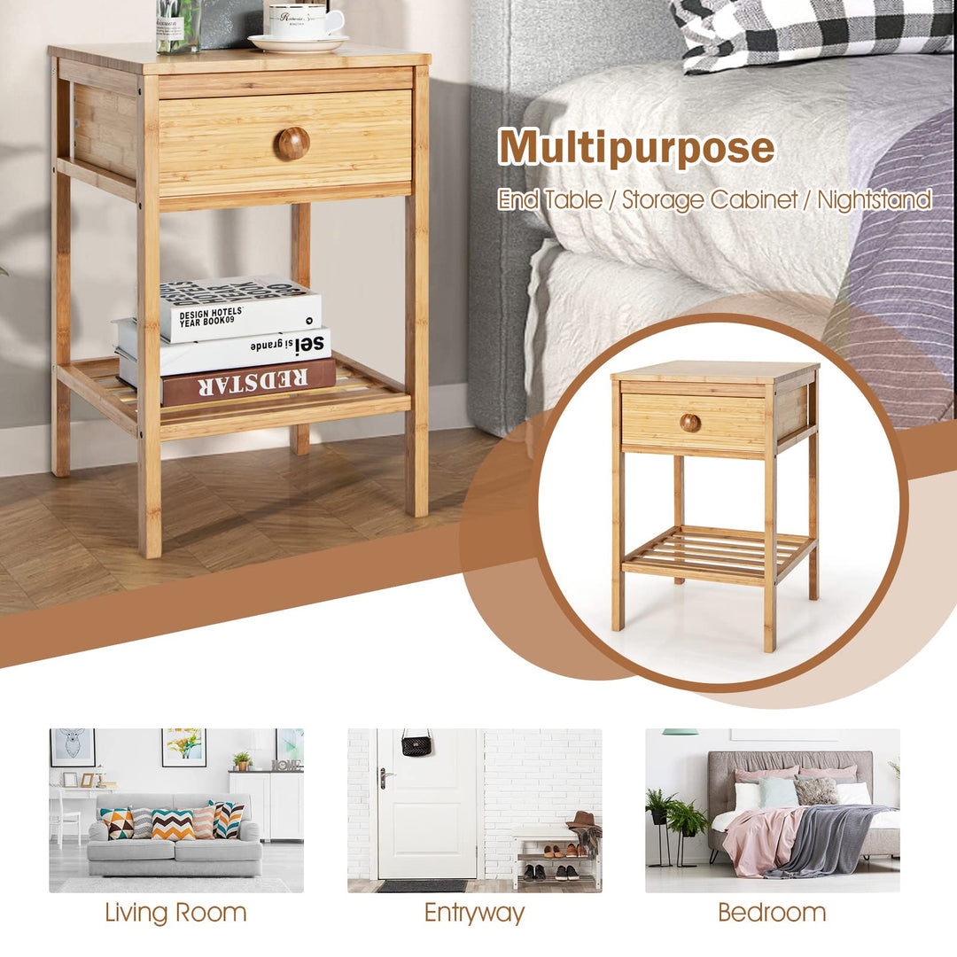 Giantex Nightstand Bamboo Bedside Table with Drawer, Open Shelf, Multifunctional Side Table
