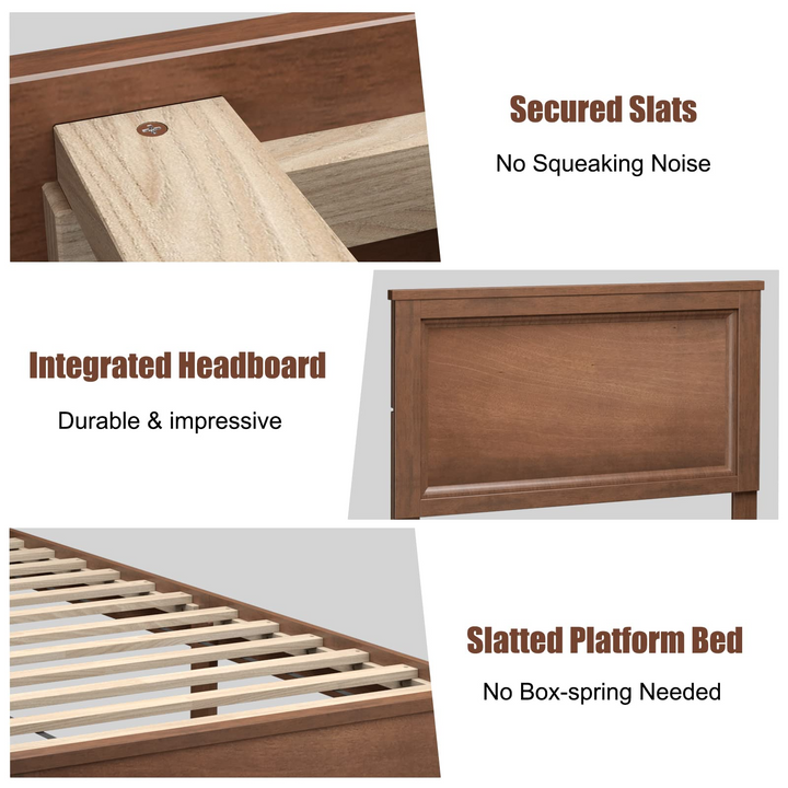 Queen/Full/Twin Size Platform Bed w/ Rubber Wood Legs &amp; Integrated Headboard | Wooden Bed Frame
