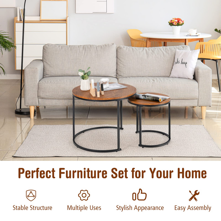 Nesting Coffee Table Set of 2, Round Stacking Side Tables w/Wooden Tabletop &amp; Steel Frame