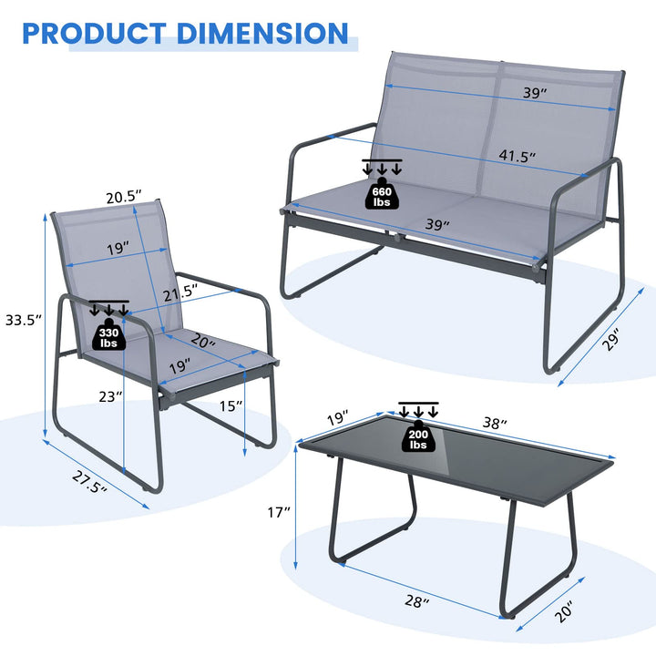 Giantex 4 Pieces Patio Furniture Set, Outdoor Conversation Set with 2 Patio Dining Chairs, Tempered Glass Coffee Table