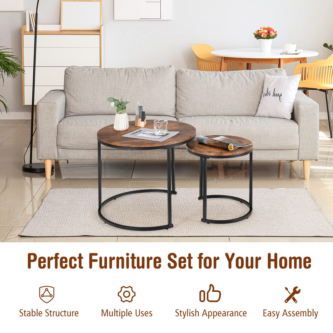 Nesting Coffee Table Set of 2, Round Stacking Side Tables w/Wooden Tabletop &amp; Steel Frame