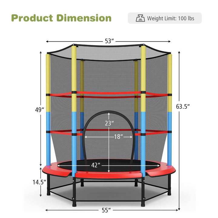 55" Kids Trampoline  with Safety Enclosure Net &amp; Spring Pad