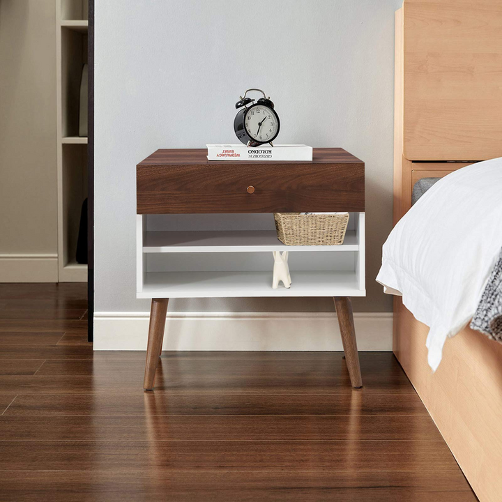 Nightstand with Drawer and Storage Shelves &amp; Rubber Wood Legs, Brown&amp;White