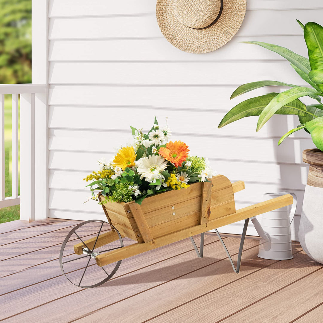 Giantex Wooden Wagon Planter, Small Wheelbarrow Wagon Flower, Indoor &amp; Outdoor Raised Bed