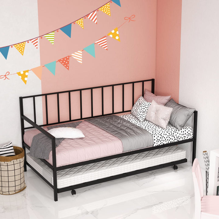 Giantex Metal Daybed with Trundle, Twin Size Daybed with Pullout Trundle &amp; Steel Slat Support, Black