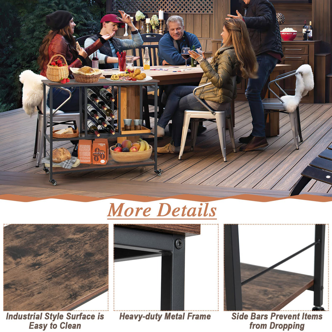 Giantex 3-Tier Wine Bar Cabinet - on Wheels, 8 Bottles Rack &amp; 12 Glasses Hanger (Rustic Brown &amp; Black)