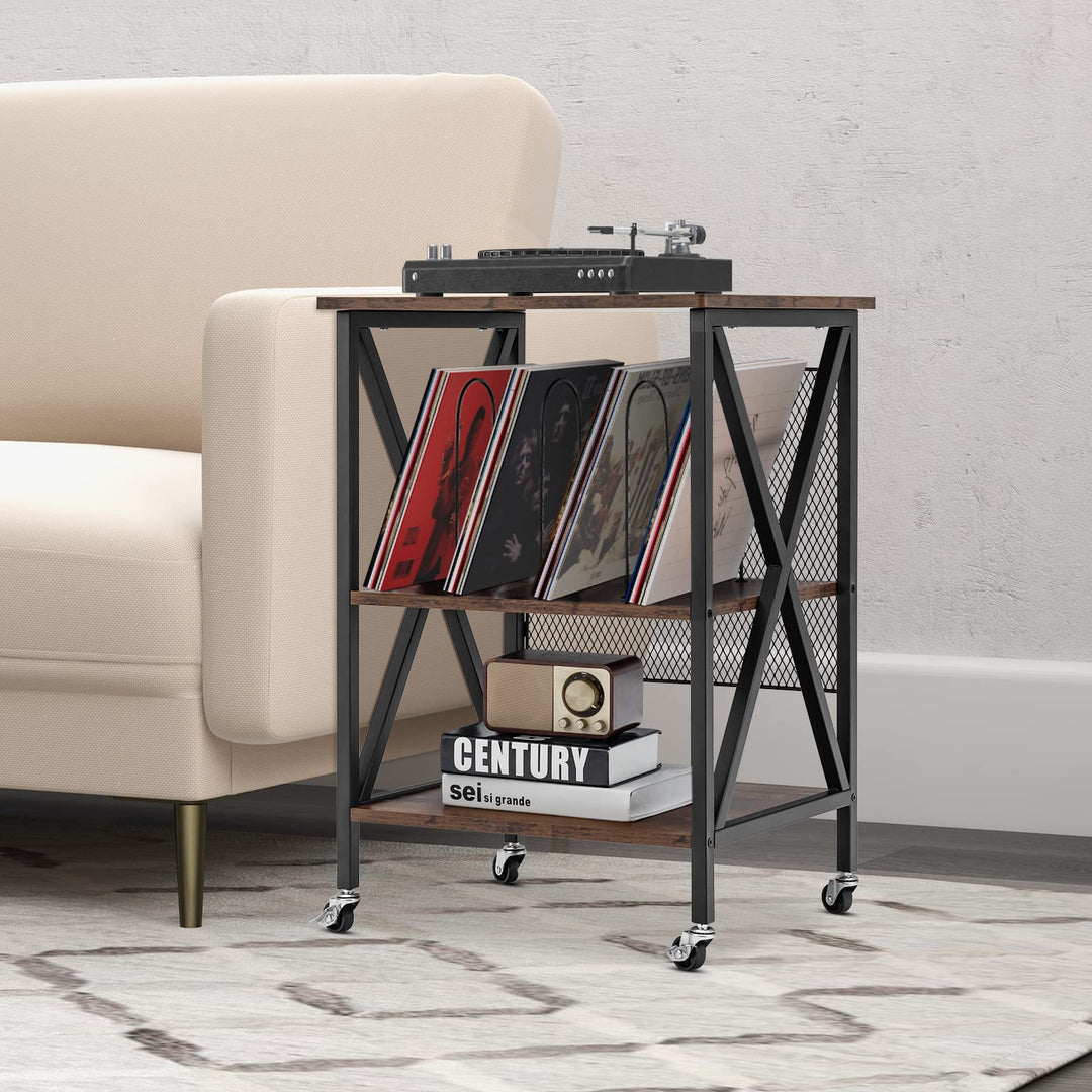 Giantex Record Player Stand, Vinyl Record Storage Table w/ 3 M-shaped Dividers &amp; 4 Rolling Wheels, Rustic Brown