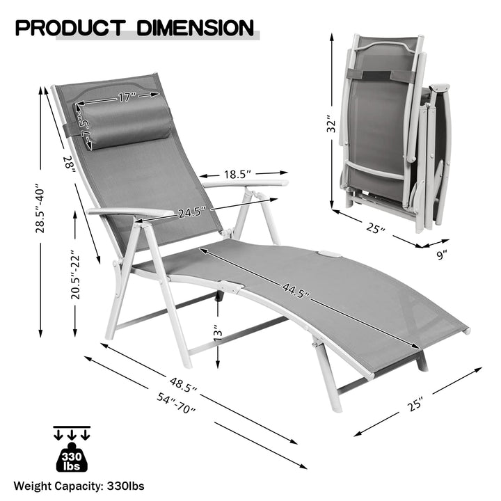 Pool Folding Reclining Beach Chair W/Removable Cushion&amp;Headrest Pillow