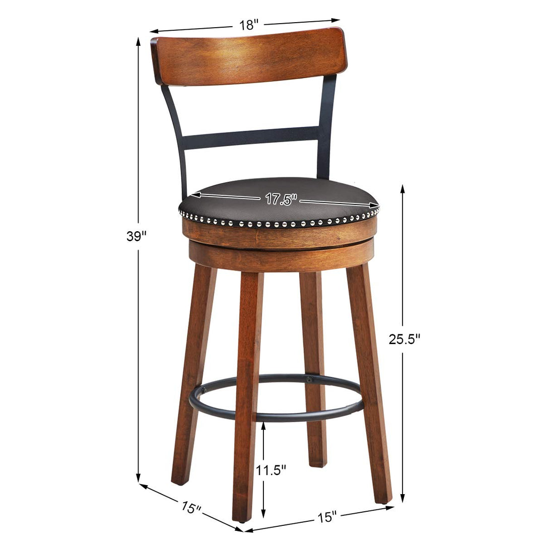 360-Degree Swivel Stools with Leather Padded Seat, Single Slat Ladder Back &amp; Solid Rubber Wood Legs