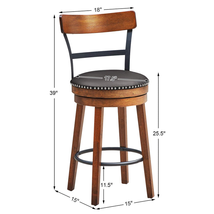 360-Degree Swivel Stools with Leather Padded Seat, Single Slat Ladder Back &amp; Solid Rubber Wood Legs