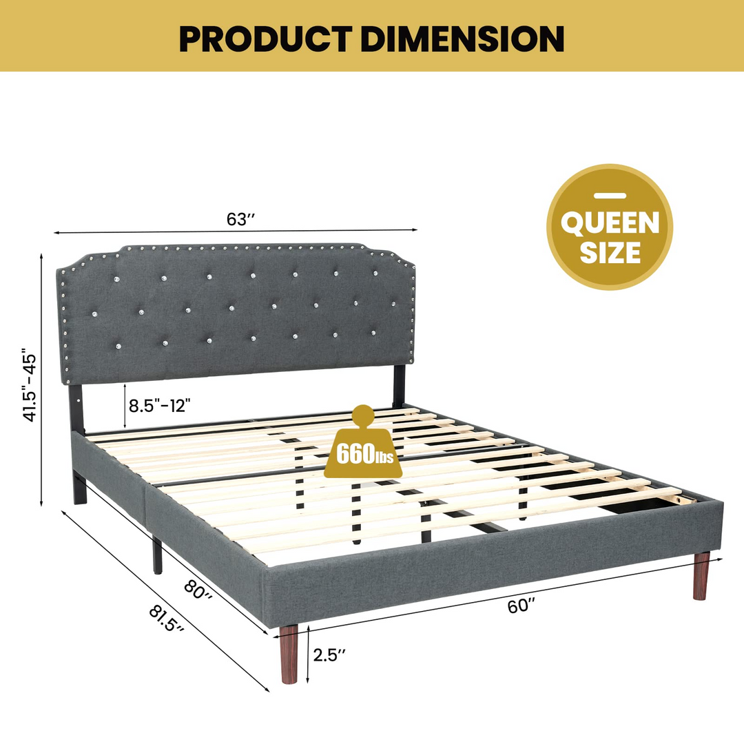 Upholstered Queen/Full Size Bed Frame w/ Adjustable Headboard, Crystal Tufted Soft Platform Bed Frame w/ Wooden Slats