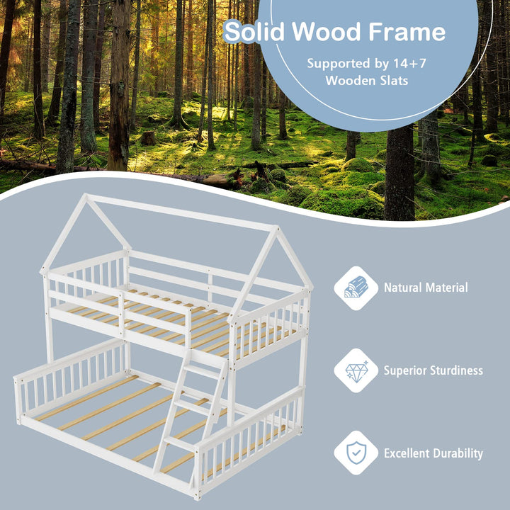 Giantex Twin Over Full House Bunk Bed, Floor Low Bunk Bed Frame w/Integrated Ladder &amp; Safety Guardrails