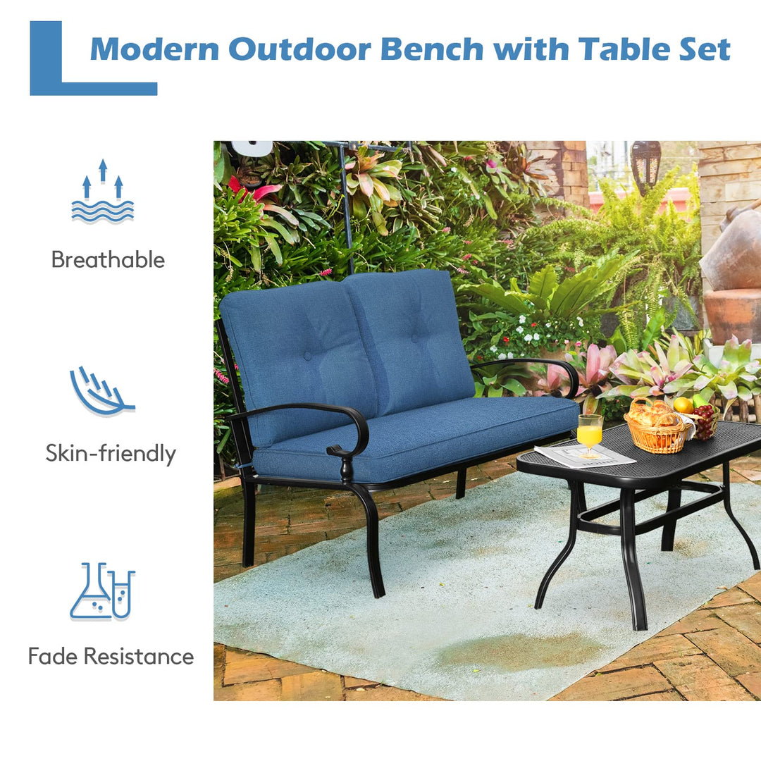 Giantex 2 Pcs Patio Loveseat with Coffee Table Outdoor Bench with Cushion and Metal Frame