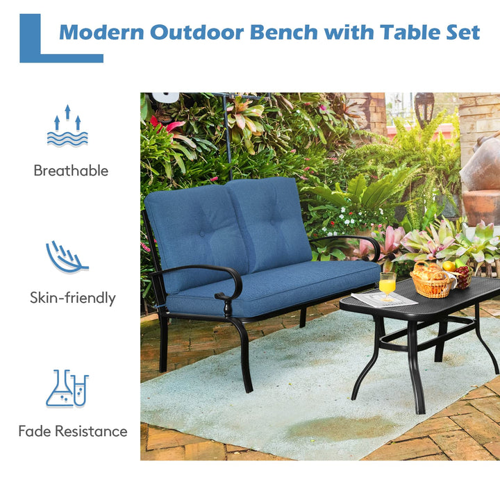 Giantex 2 Pcs Patio Loveseat with Coffee Table Outdoor Bench with Cushion and Metal Frame
