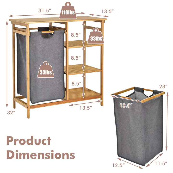 Freestanding Laundry Organizer w/ Removable Sliding Bag &amp; 3-Tier Open Shelves