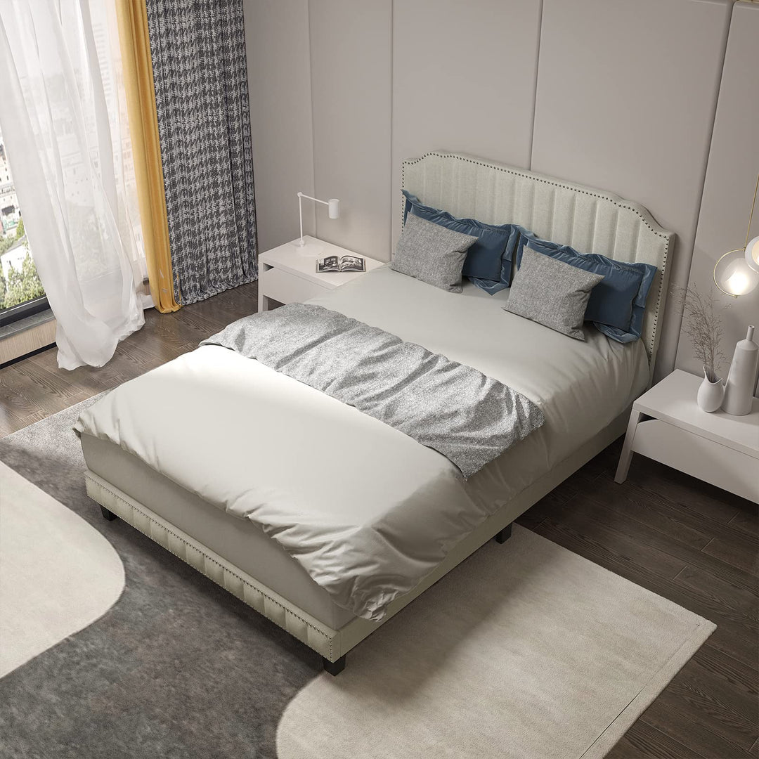 Giantex Queen/Full/Twin Size Upholstered Bed Frame, Linen Platform Bed w/Rivet Headboard, Heavy Duty Mattress Foundation