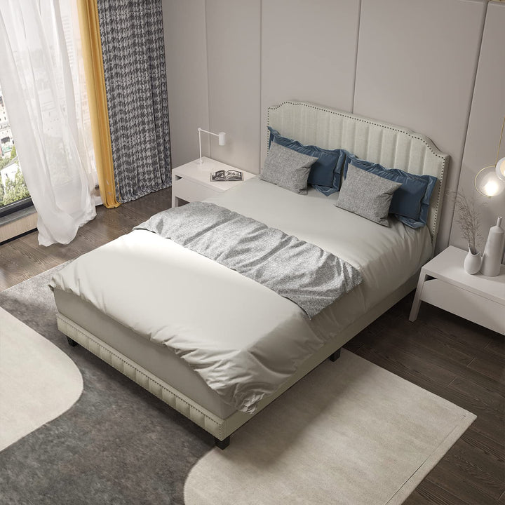 Giantex Queen/Full/Twin Size Upholstered Bed Frame, Linen Platform Bed w/Rivet Headboard, Heavy Duty Mattress Foundation
