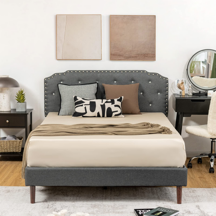 Upholstered Queen/Full Size Bed Frame w/ Adjustable Headboard, Crystal Tufted Soft Platform Bed Frame w/ Wooden Slats