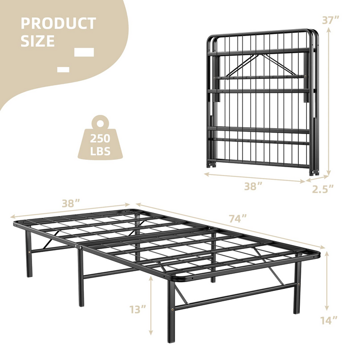 Queen/Full/Twin Size 14 Inch Foldable Metal Mattress Foundation | Heavy Duty Bed Frame with Steel Slat