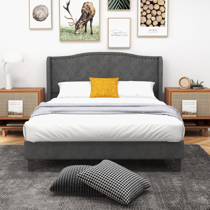 Giantex Queen/Full Size Velvet Upholstered Bed Frame