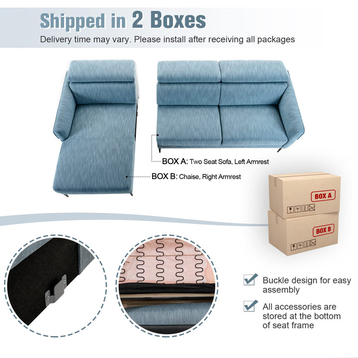 Giantex L-Shaped Sofa Couch, 3-Seat Upholstered Sofa with Wide Chaise Lounge, Adjustable Headrest, Blue