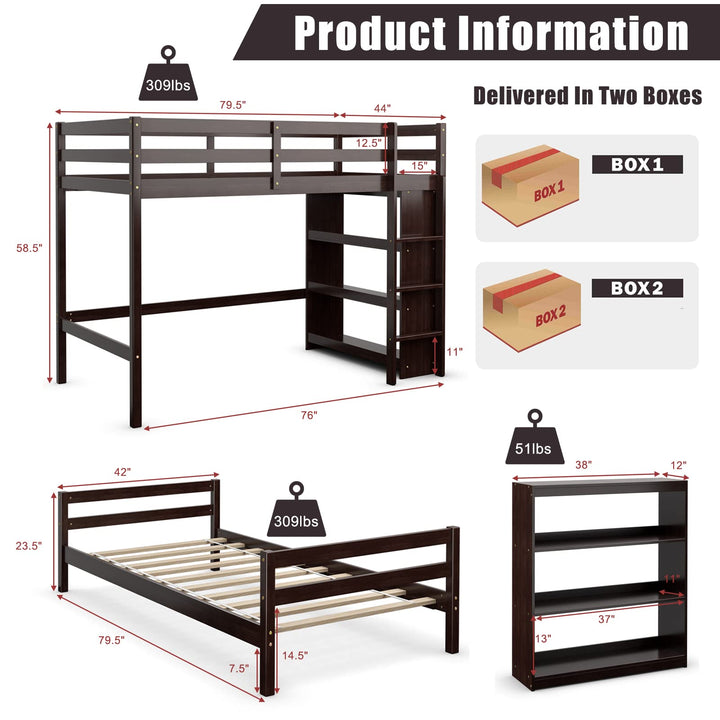 Giantex Twin Over Twin Loft Bed w/ Bookcase, Bunk Bed w/ 12.5" Full-Length Guardrail &amp; Ladder
