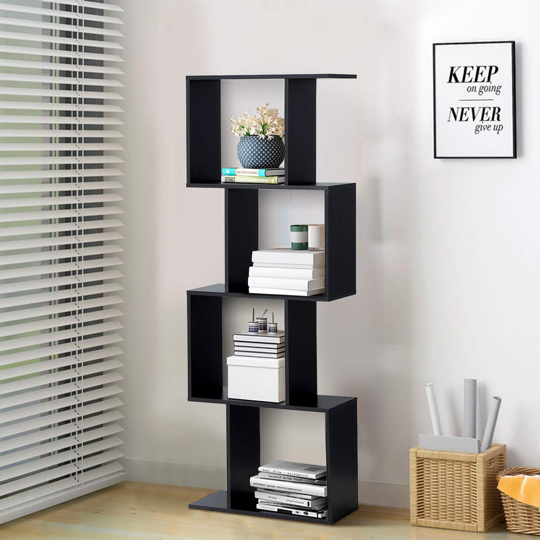 4 Tier Bookshelf S Shaped Bookcase, Multifunctional Wooden Display Decor Furniture