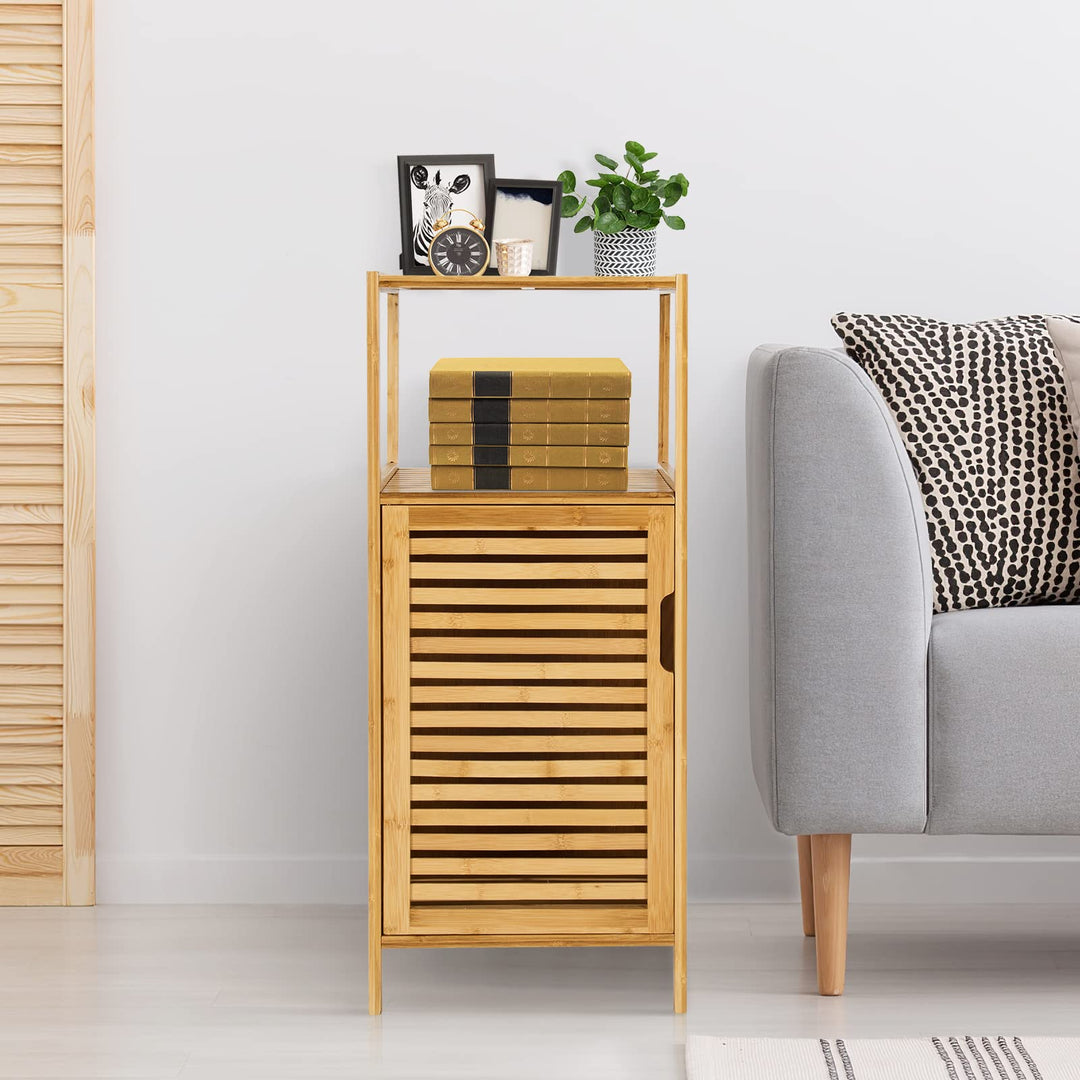 Giantex Bathroom Floor Cabinet, Bamboo Storage Cabinet w/Single Door &amp; Open Shelves