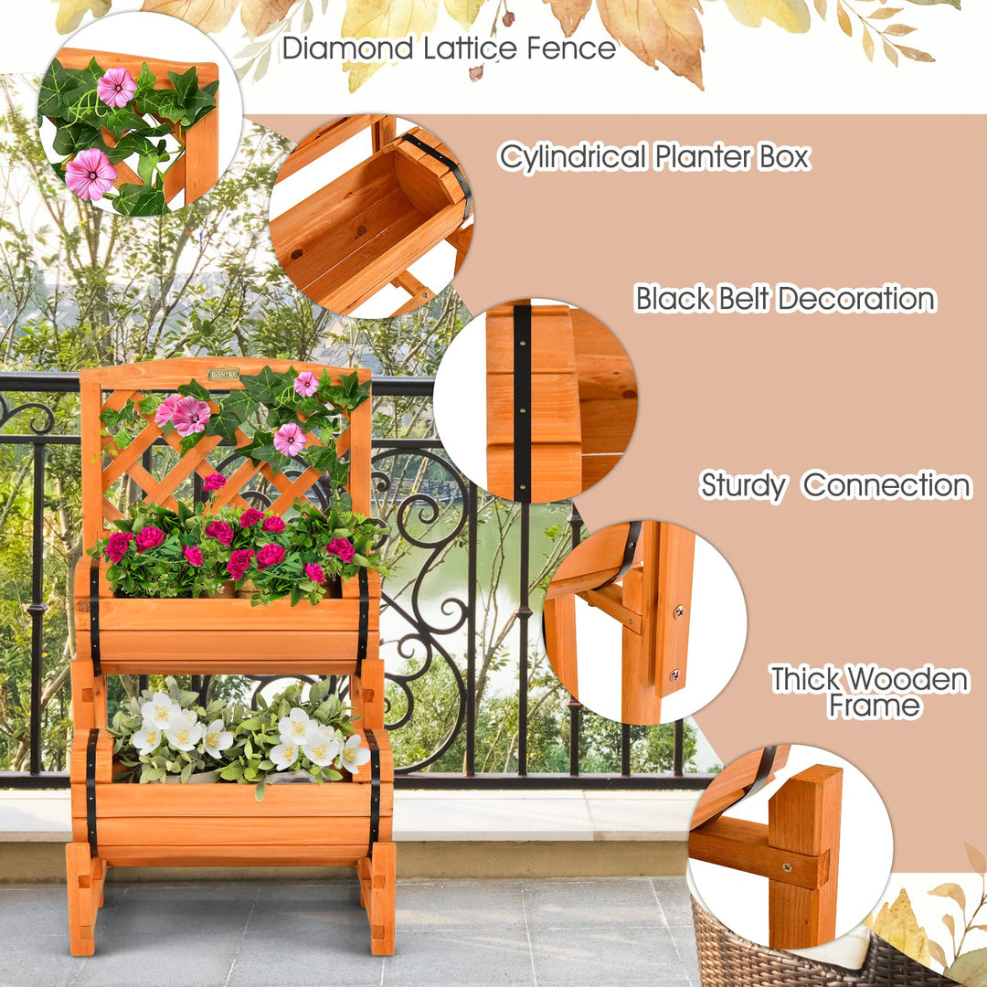 Giantex Raised Garden Bed with 2 Barrel Planters &amp; Trellis, 2-Tier Freestanding Wooden Raised Bed for Vegetable Flower Fruit