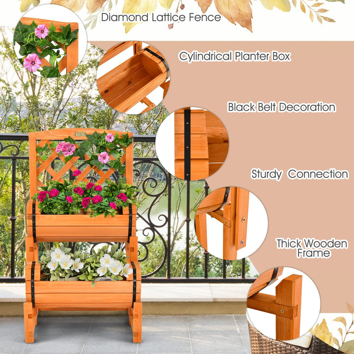 Giantex Raised Garden Bed with 2 Barrel Planters &amp; Trellis, 2-Tier Freestanding Wooden Raised Bed for Vegetable Flower Fruit