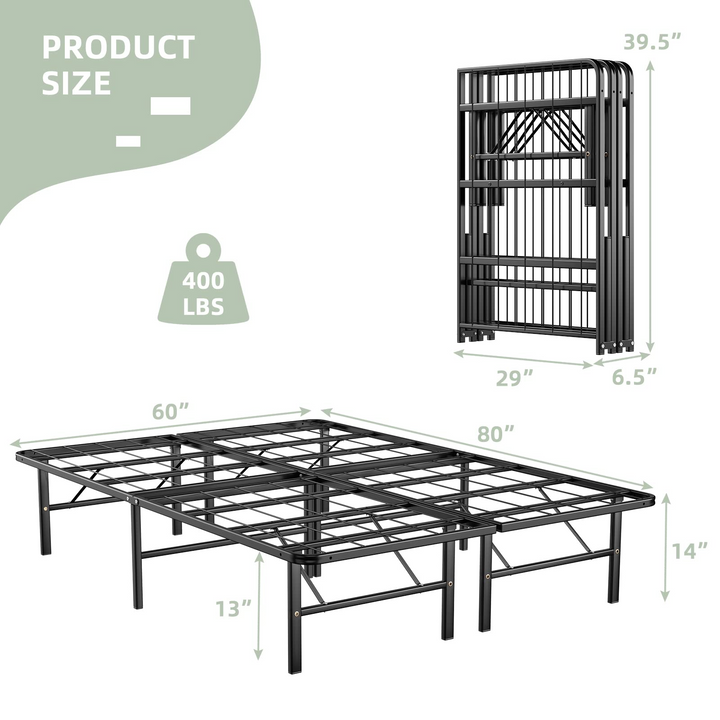 Queen/Full/Twin Size 14 Inch Foldable Metal Mattress Foundation | Heavy Duty Bed Frame with Steel Slat
