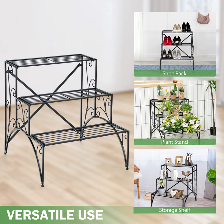 Ladder Style Flower Pot Stand with Widened Grid Shelf &amp; Non-Slip Foot Pads, 3 Tier