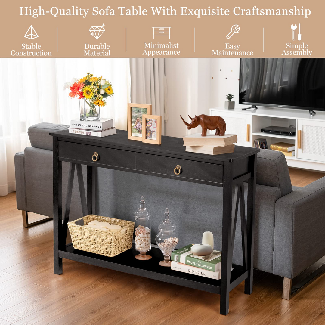 Console Table Entryway Sofa Side Table with 2 Drawers &amp; Open Shelf