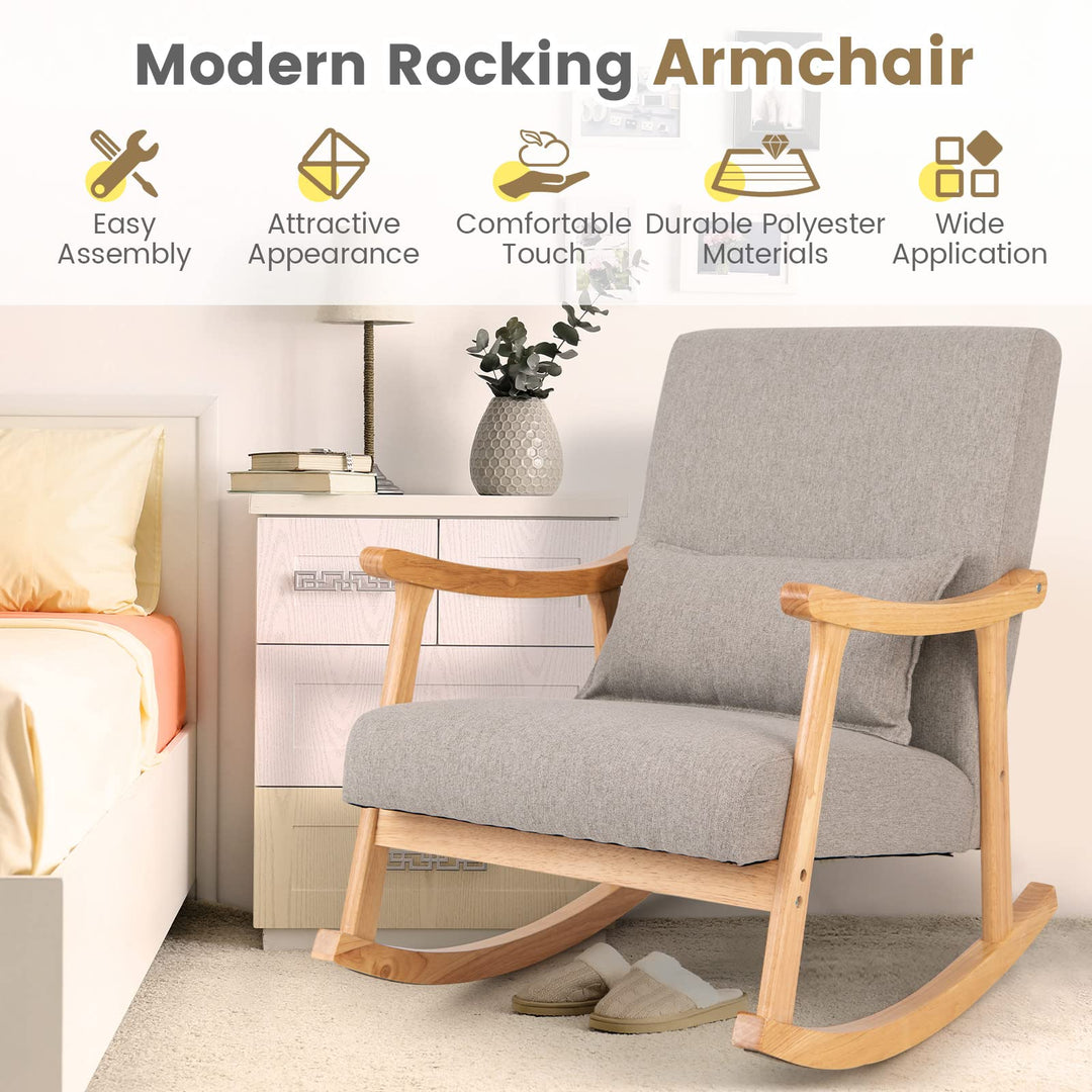 Giantex Upholstered Rocking Chair - Modern Rocker with Rubber Wood Frame, Comfy Backrest &amp; Seat