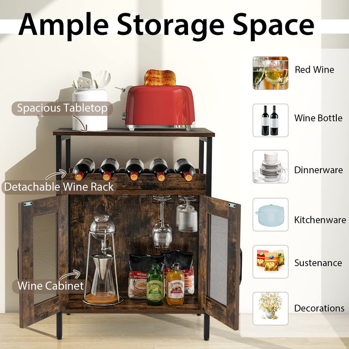 Giantex Wine Bar Cabinet, Industrial Liquor Cabinet with Glass Holder, Removable Wine Rack (Rustic Brown &amp; Black)