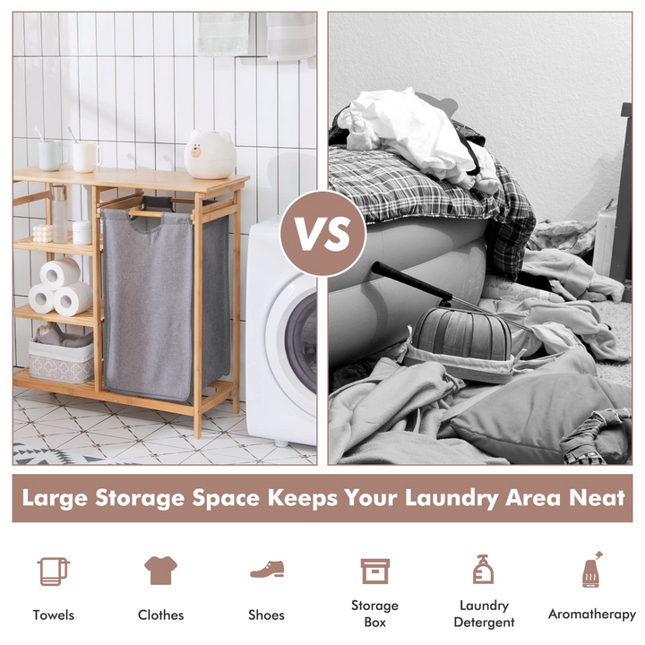 Freestanding Laundry Organizer w/ Removable Sliding Bag &amp; 3-Tier Open Shelves