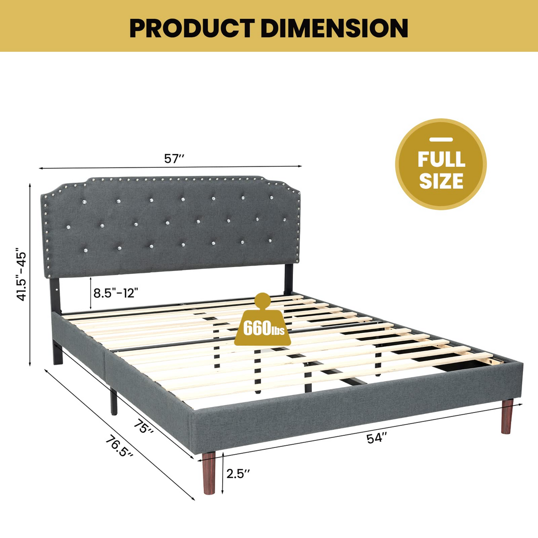 Upholstered Queen/Full Size Bed Frame w/ Adjustable Headboard, Crystal Tufted Soft Platform Bed Frame w/ Wooden Slats
