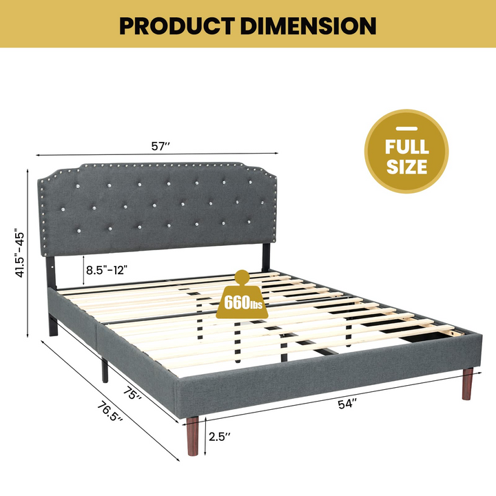 Upholstered Queen/Full Size Bed Frame w/ Adjustable Headboard, Crystal Tufted Soft Platform Bed Frame w/ Wooden Slats