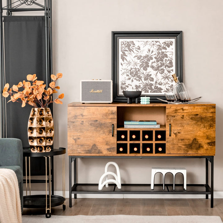 Giantex Industrial Buffet Sideboard, Freestanding Kitchen Cupboard with Wine Rack (Rustic Brown &amp; Black)