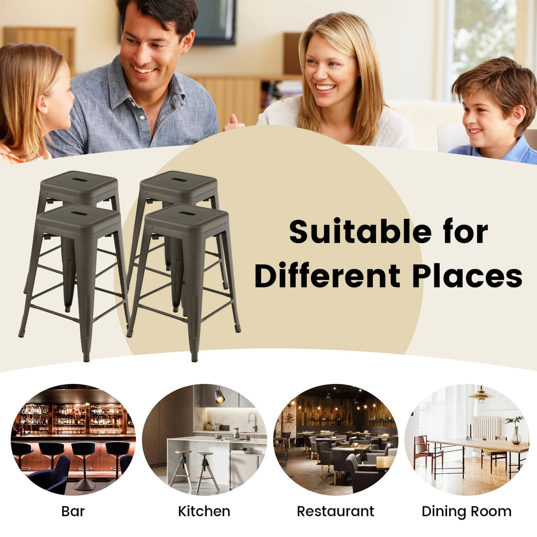 Bar Stools Set of 4, 24” or 30" Stackable Metal Stools with Square Seat &amp; Handing Hole, X-shaped Reinforced Design