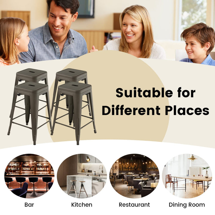 Bar Stools Set of 4, 24” or 30" Stackable Metal Stools with Square Seat &amp; Handing Hole, X-shaped Reinforced Design