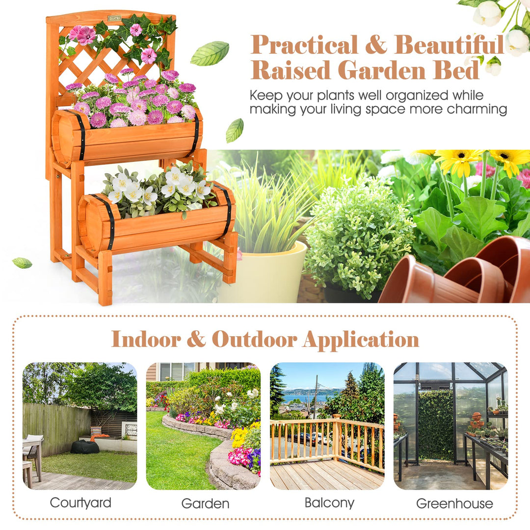 Giantex Raised Garden Bed with 2 Barrel Planters &amp; Trellis, 2-Tier Freestanding Wooden Raised Bed for Vegetable Flower Fruit