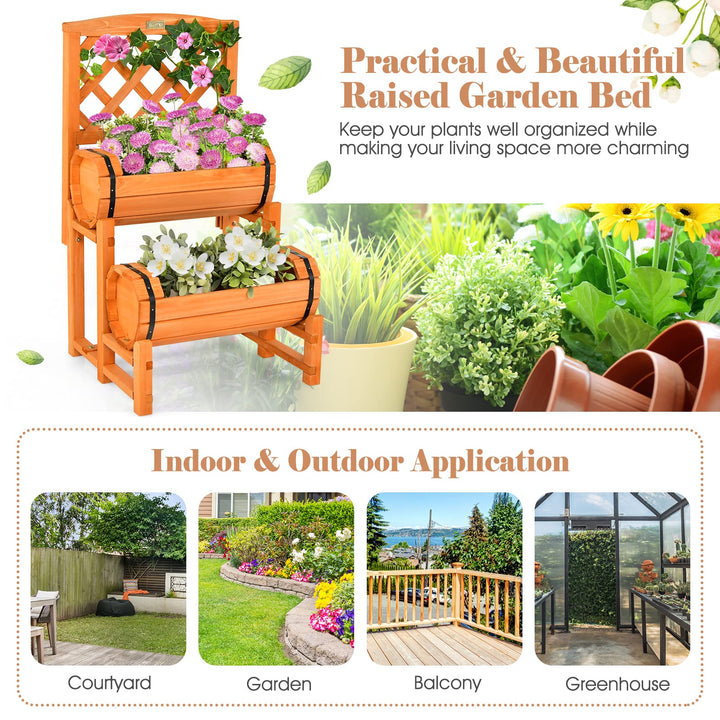 Giantex Raised Garden Bed with 2 Barrel Planters &amp; Trellis, 2-Tier Freestanding Wooden Raised Bed for Vegetable Flower Fruit