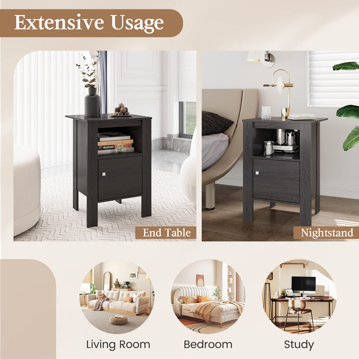 Giantex Farmhouse Nightstand Set of 2, Bedside Table w/Open Shelf &amp; Cabinet