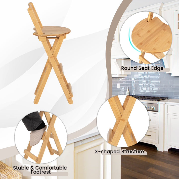 Folding Bamboo Bar Stools 24” Kitchen Counter Height Stool with Backrest &amp; Footrest