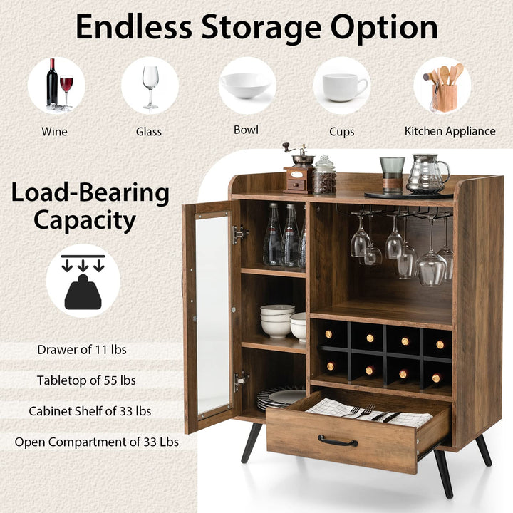 Giantex Buffet Sideboard with Drawer, Wine Cabinet for 8 Bottles, Glass Holder, 3 Tier Cupboard Tempered Glass Door (Rustic Brown &amp; Black)