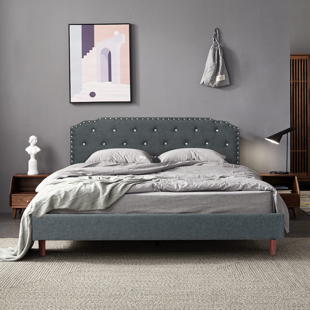 Upholstered Queen/Full Size Bed Frame w/ Adjustable Headboard, Crystal Tufted Soft Platform Bed Frame w/ Wooden Slats
